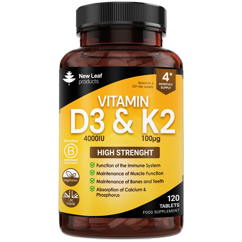 NEW LEAF PRODUCTS Vitamin D3 K2, Vitamin D3 4000iu + Vitamin K2 100mcg, 4 Months Supply, Supports Immunity, Calcium Absorption and Bone Health, Non-GMO, UK Made by 120 Vegetarian Tablets,
