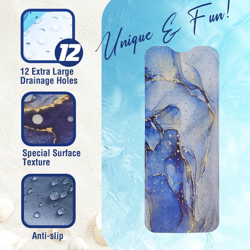 Blue Bathtub Mat Non Slip Gold Line Marble Extra Long Bath Mat for Tub 40x16in Abstract Art Anti Slip Shower Mat for Bathroom with Large Drain Holes and Suction Cups Bath Mat and Bathtub Decor - Image 2