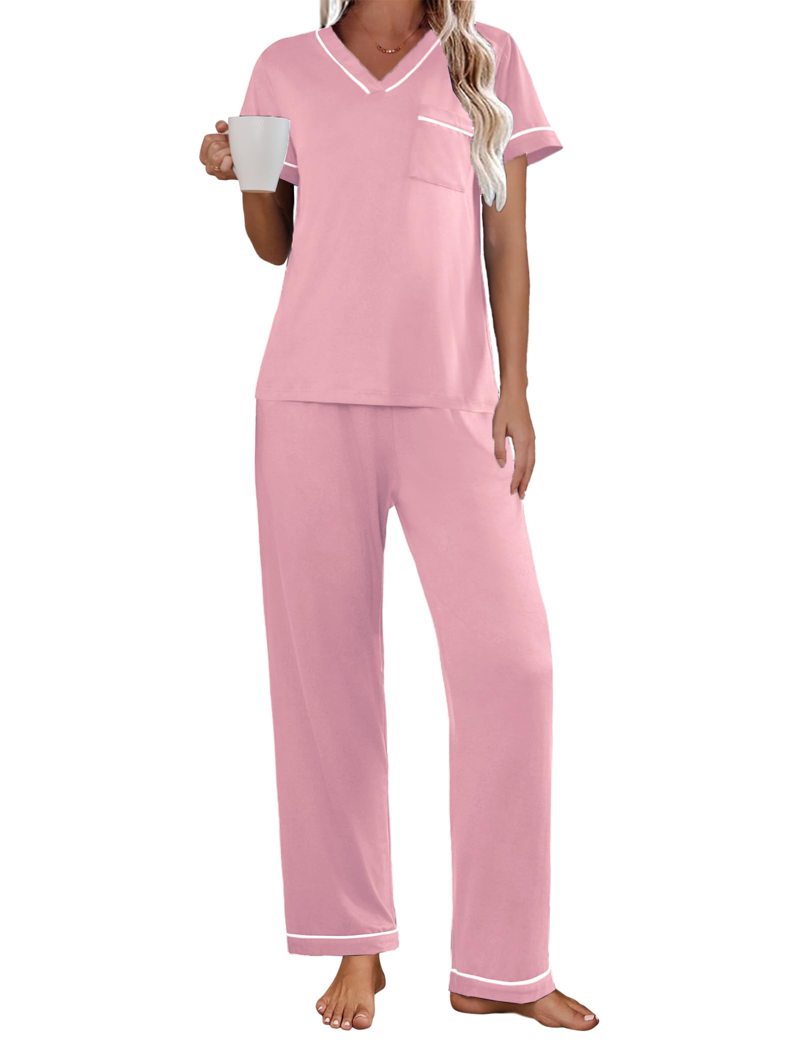 Ekouaer Women's Pajama Sets Short Sleeve V Neck Sleepwear Nightwear Soft Pjs Lounge Sets with Pocket