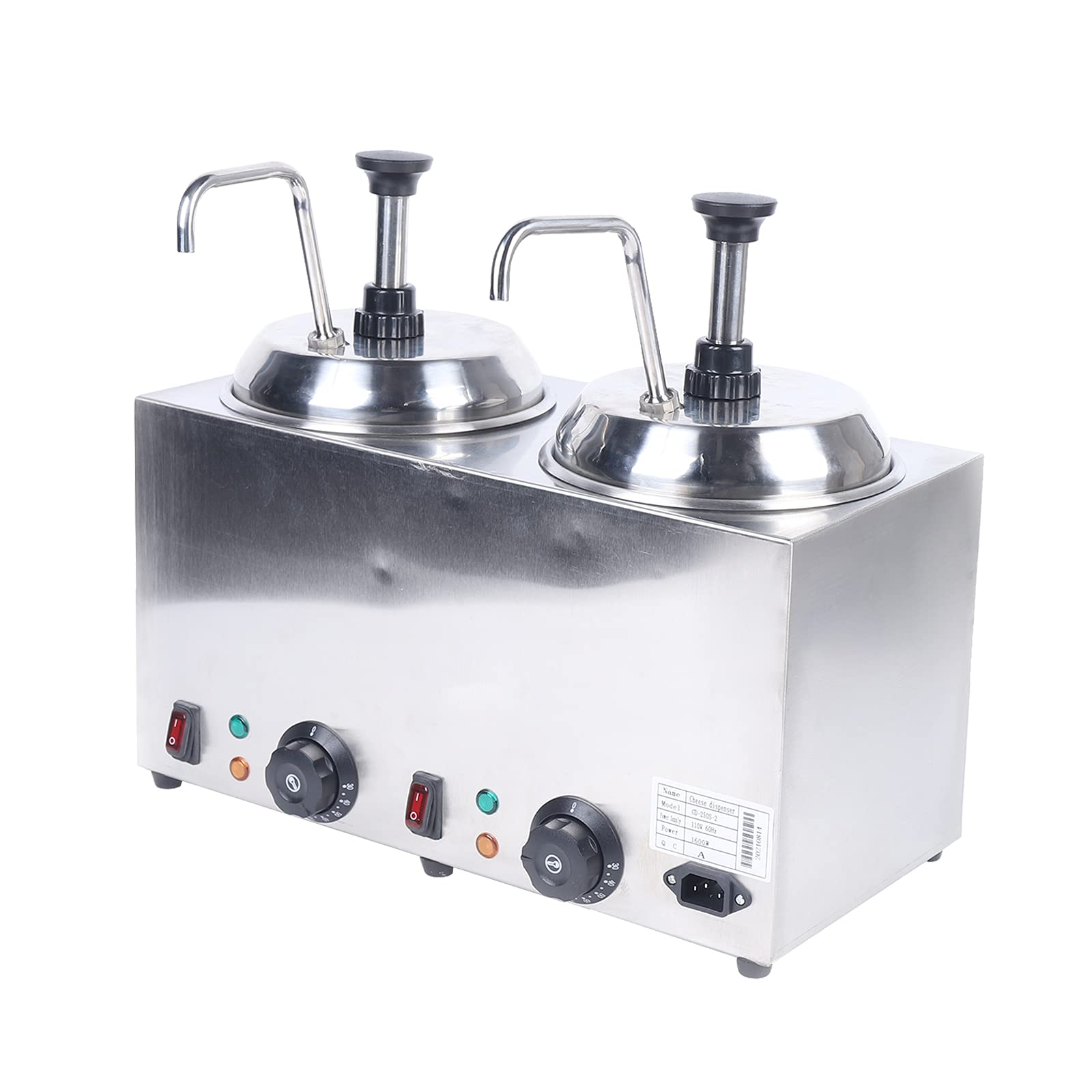 Electric Sauce Warmer with Pump Dispenser 1600W 2 Head Stainless Steel Warmer Dispenser with Temperature Control for Hot Fudge Cheese Caramel, Silver,2X 2L