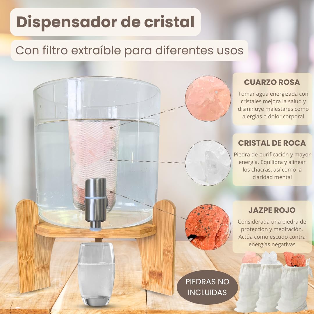 Dispensador de Bebidas de Cristal con Grifo, Piedras Terapéuticas, Tapa y Soporte Madera de Bambú - Incluye Filtro para Mezclar en Interior - 5 Litros