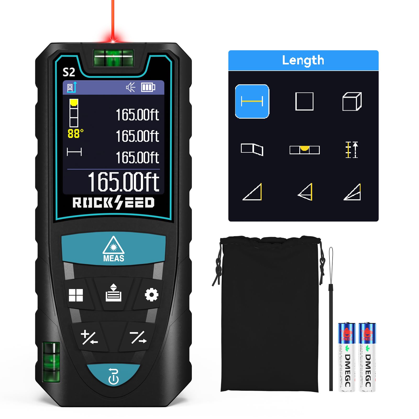 Laser Measuring Tool 165ft, RockSeed Laser Measure with Rotatable HD IPS Color Screen, 12 Measurement Modes, 3 Leveling Modes, 5 Units Switchable, for Stake Marking/Distance/Area/Volume