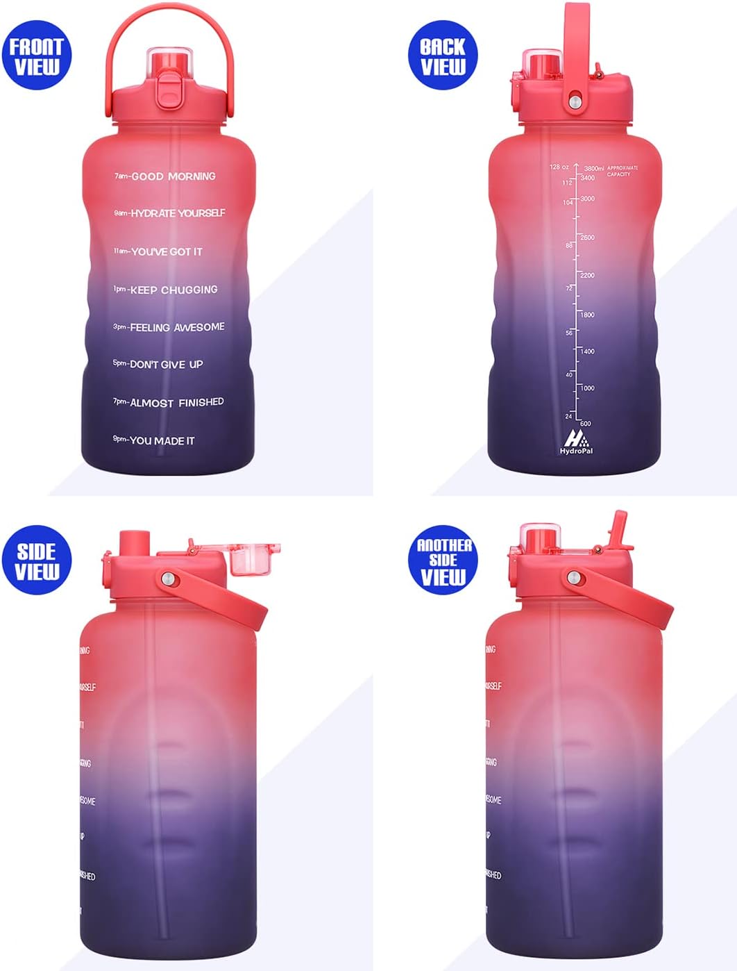 HydroPal 1 Gallon Water Bottles with Straw, 128 oz Water Bottle BPA Free Innovative 2-IN-1 Lid Gym Bottle with Times to Drink Motivational, Large for Sports Fitness Camping Water Jug （13.8X5.5 inch）