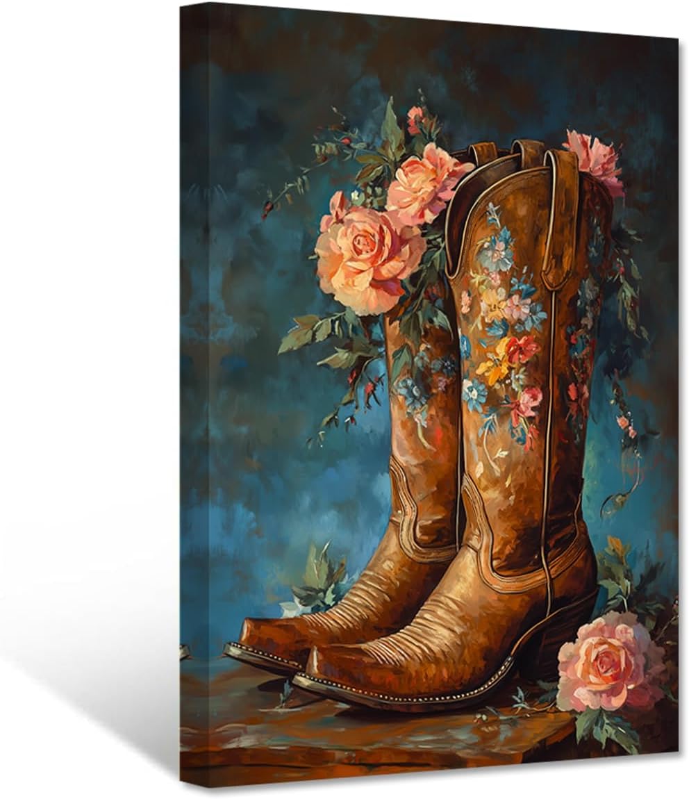 PBXBJY Western Canvas Wall Art Cowboy Boot Wall Decor Southwest Pictures Boot and Roses Print Rustic Farmhouse Bedroom Decor Framed (16.00" x 24.00")