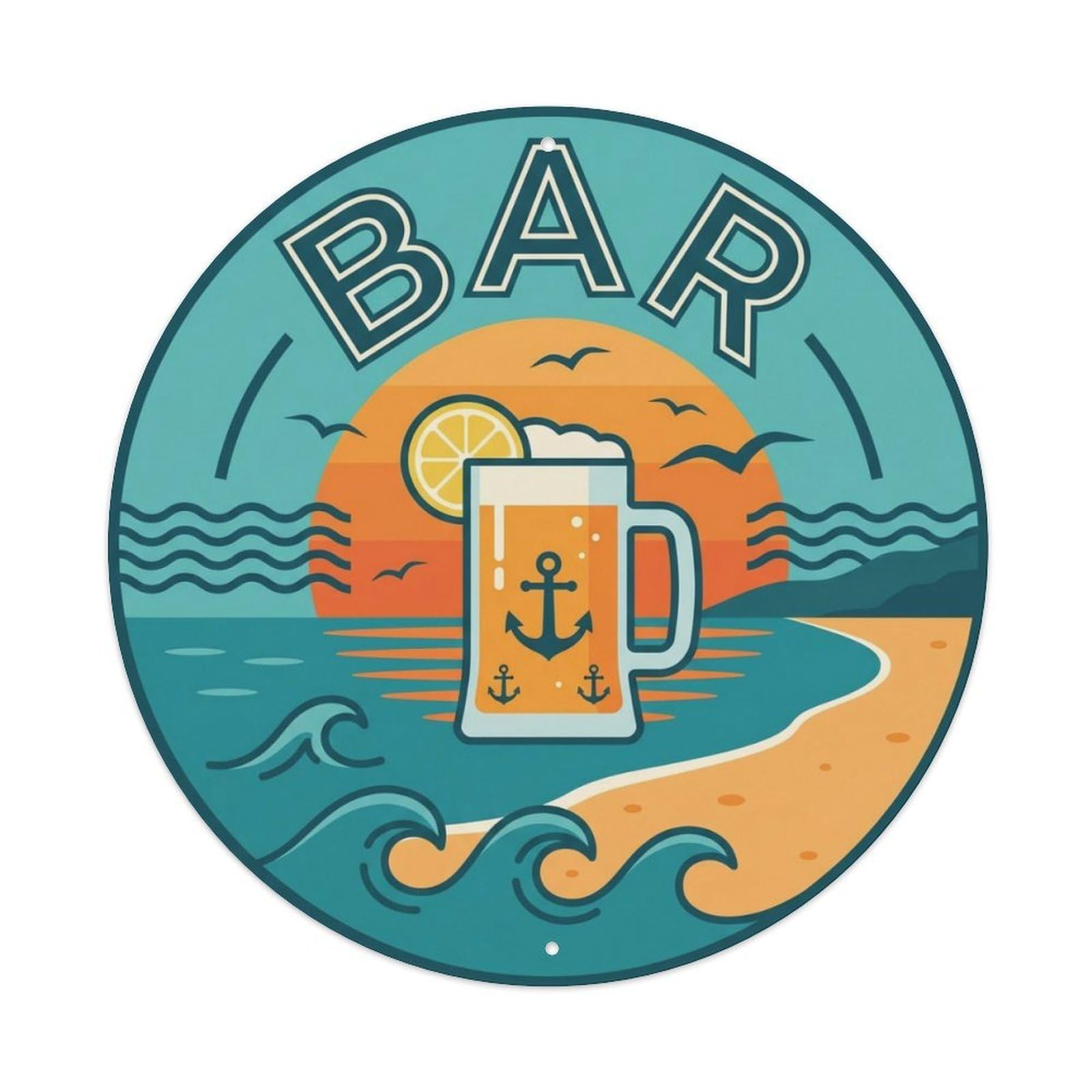 BAR Coastal Pub Ornament Metal Tin Sign Plaque Wall Decor for Cafe, Club Bar, Office, Home Garden Round Metal Poster 8x8Inch