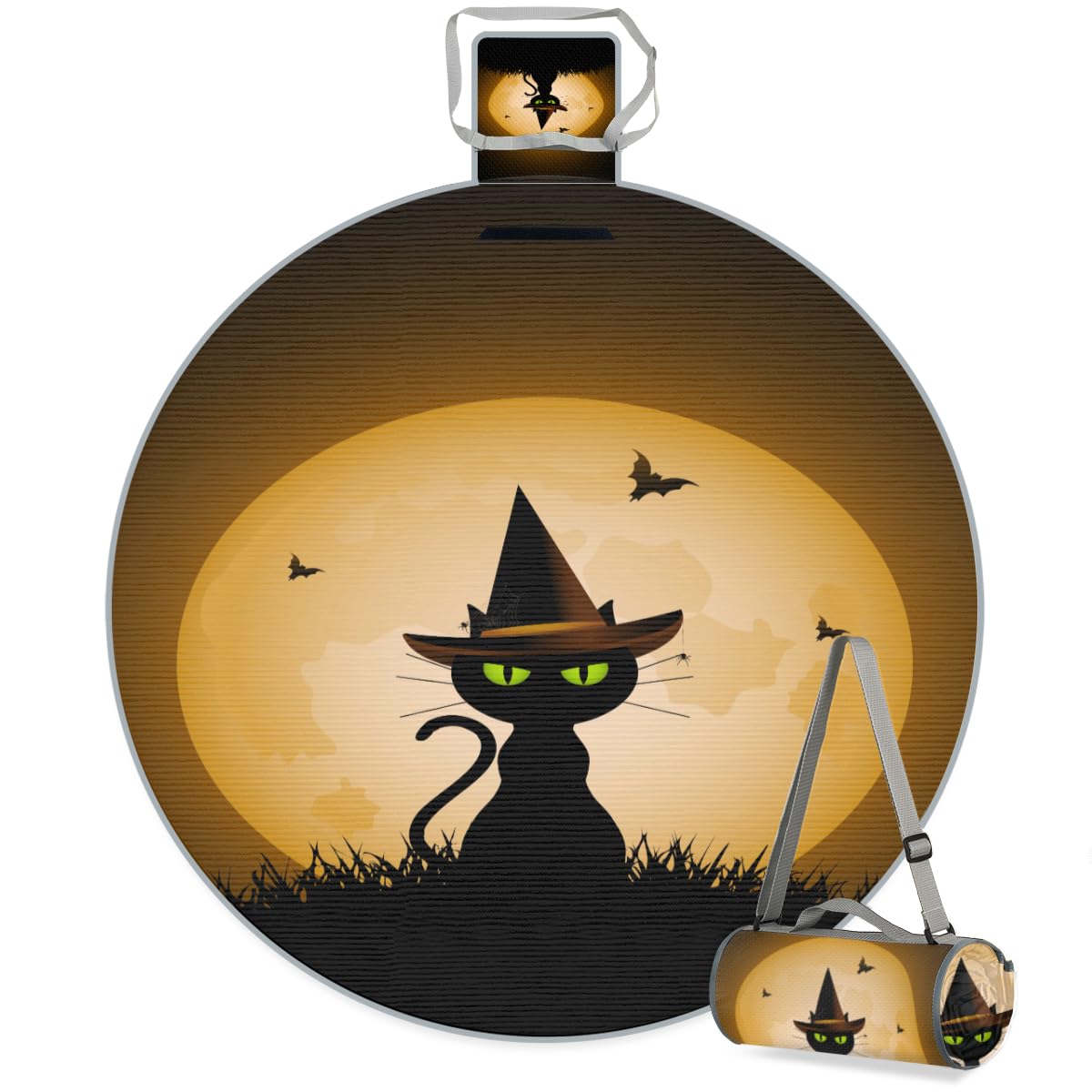Shimoshe Halloween Night Cat Picnic Outdoor Blanket Foldable Waterproof Sandproof Beach Blanket Portable Water-Resistant Round Picnic Mat for Travel Camping Park Lawn