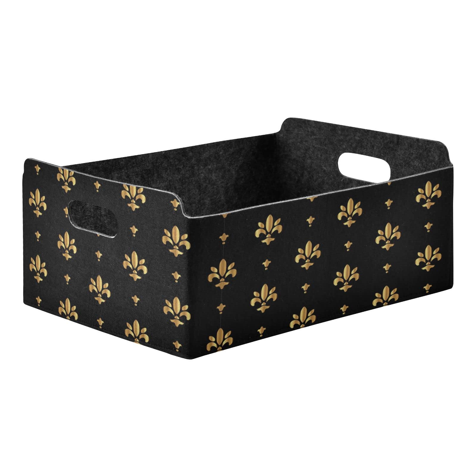 Oyihfvs Golden Black Fleur De Lis Rectangle Foldable Felt Storage Bin, Collapsible Cube with Handles Thick Fabric Box Organizer Clothes Supplies for Home Bedroom