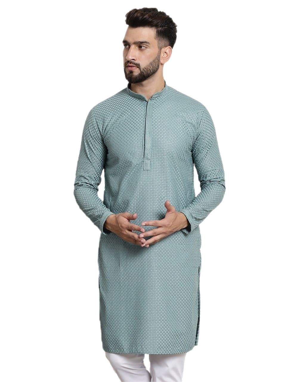 Sojanya (Since 1958 Mens Pure Cotton Checked Embroidered Sgreen Color Only Long Kurta