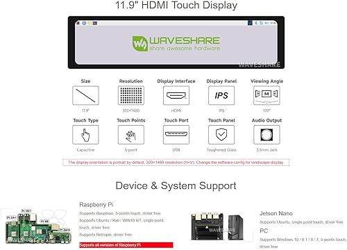 Miniatura 3 de LCD HDMI de 11,9 pulgadas, pantalla táctil capacitiva, 320 × 1480, HDMI, IPS, cubierta de vidrio endurecido, compatible con todas las versiones de