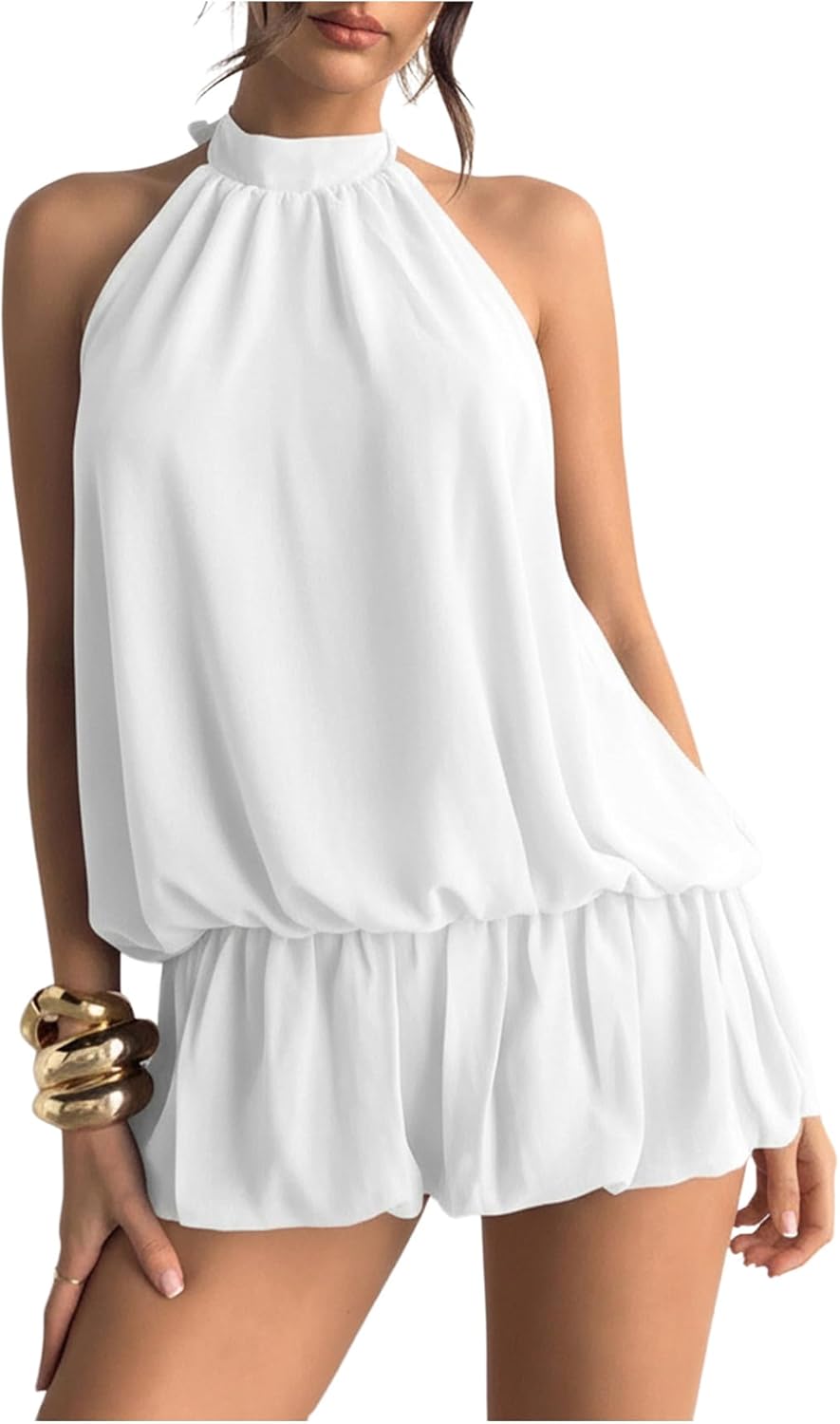 Floerns Women's Y2k Summer Halter Dress Tie Open Back Sleeveless Ruffle Hem Bubble Going Out Mini Dresses