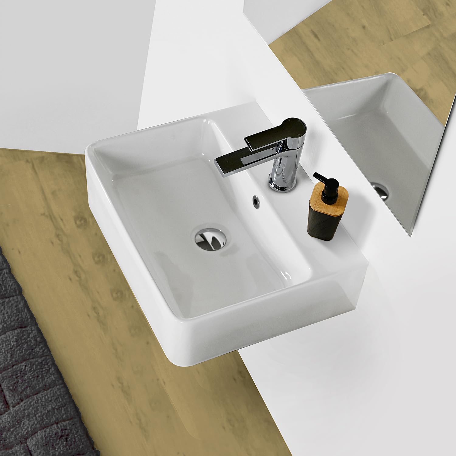 Lavabo Bagno forma Rettangolare in Ceramica Bianco Lucido Misure 53 x 42 x 15 cm - Per piani d'appoggio sospeso in bagno e mobili da toilette