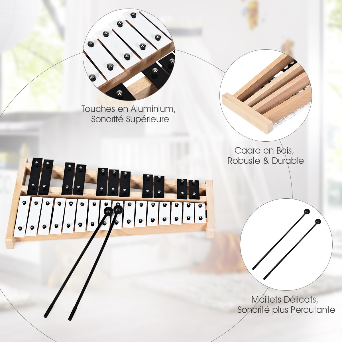 COSTWAY Xylophone à 27 Notes en Aluminium avec 2 Maillets & Cadre en Bois, Chromatique Glockenspiel avec Sac de Transport, Instrument de Percussion pour Adultes et Enfants