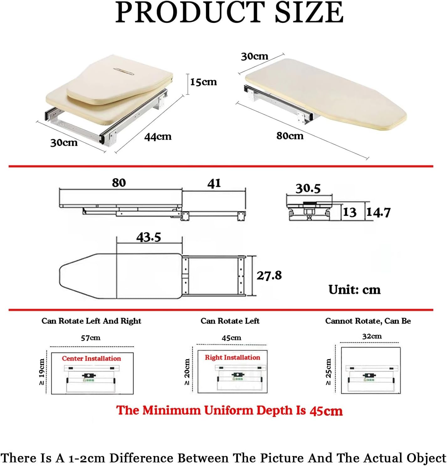 Retractable Pull Out Ironing Board,180° Swivel Folding Ironing Table,with Removable Cover,Load-Bearing Capacity 20 Kg for Apartment Small Room(Color1)