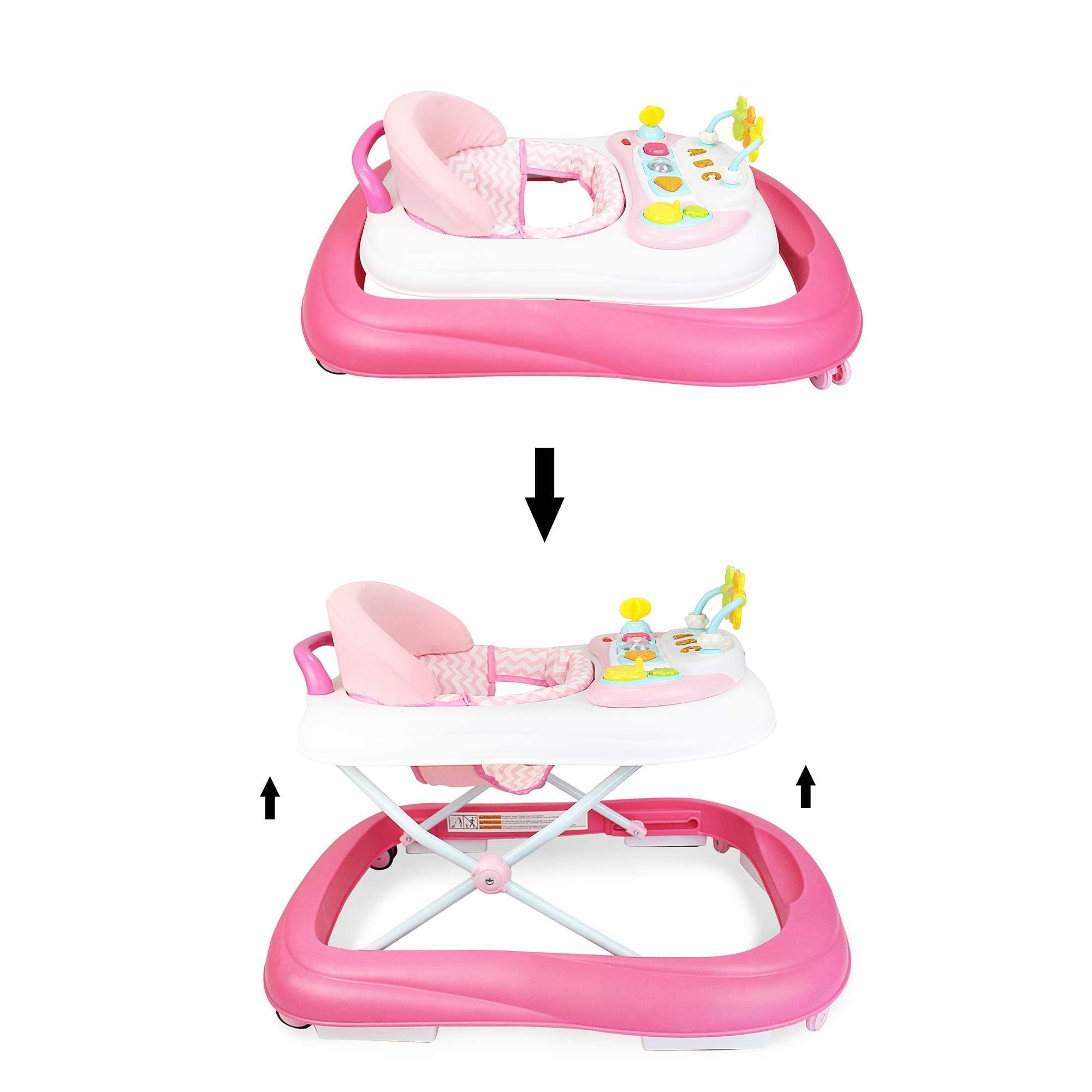 Leogreen Trotteur Bébé Évolutif Musical, 2 en 1 Chaise et Trotteur Réglable, Siège Rembourré, Activités avec Sons et Lumière, Rose