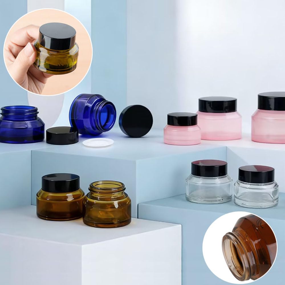 20 Pezzi Flaconi Vuoti in Vetro 15/30/50 g con Coperchio Nero Ricaricabili per Crema Viso Contorno Occhi Lozioni e Cura della Pelle Contenitori Cosmetici Portatili da Viaggio (20,15g,Trasparente)