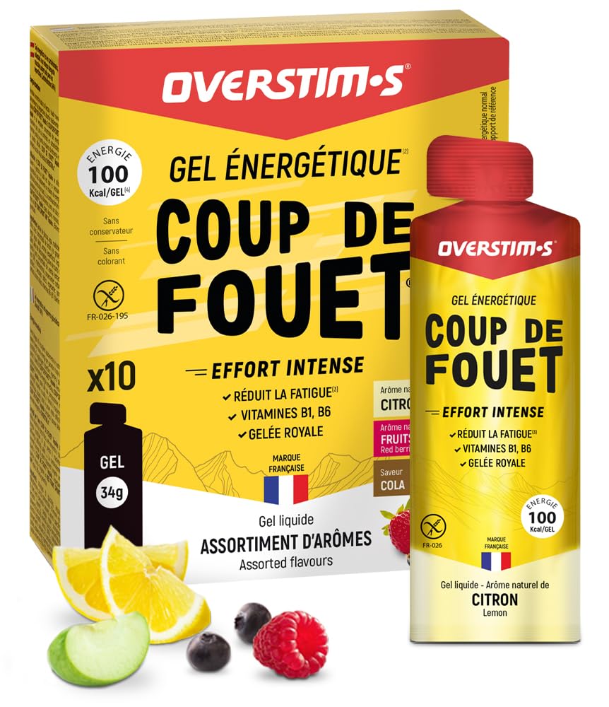 Overstim.s - Gel Coup de Fouet (10 sachets) - Gel énergétique pour le sport (vélo, course à pied..) - Energie instantanée - Efforts intenses - 100 kcal/gel - Assortiment (Citron, Fruits rouges, Cola)