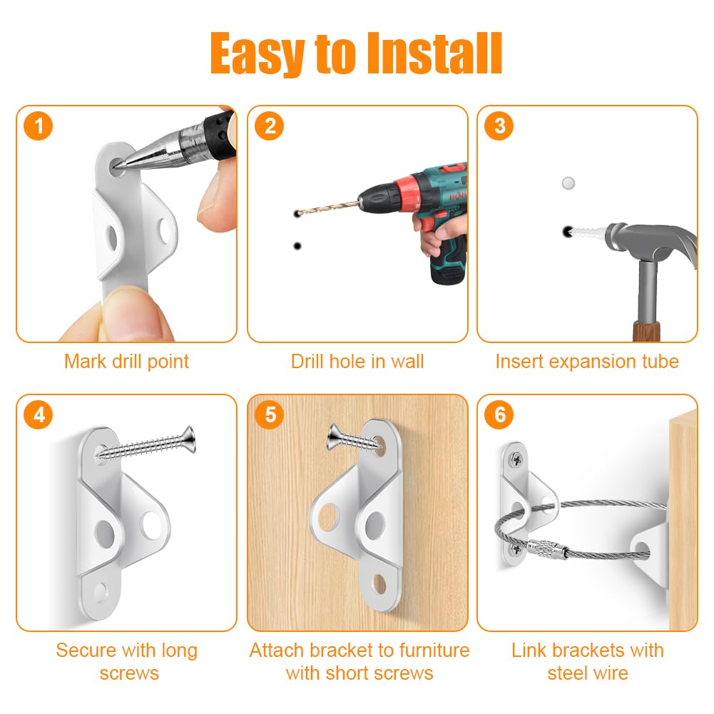 HOTUT Anti-tilt Furniture Straps,6PCS Metal Furniture Strap Anti Tip Furniture Anchor,Wardrobe Wall Fixing Baby Safety Kit for Baby Proofing,Pet Protecting,Cabinet,Secure Bookshelf,Dresser(White) - Image 3