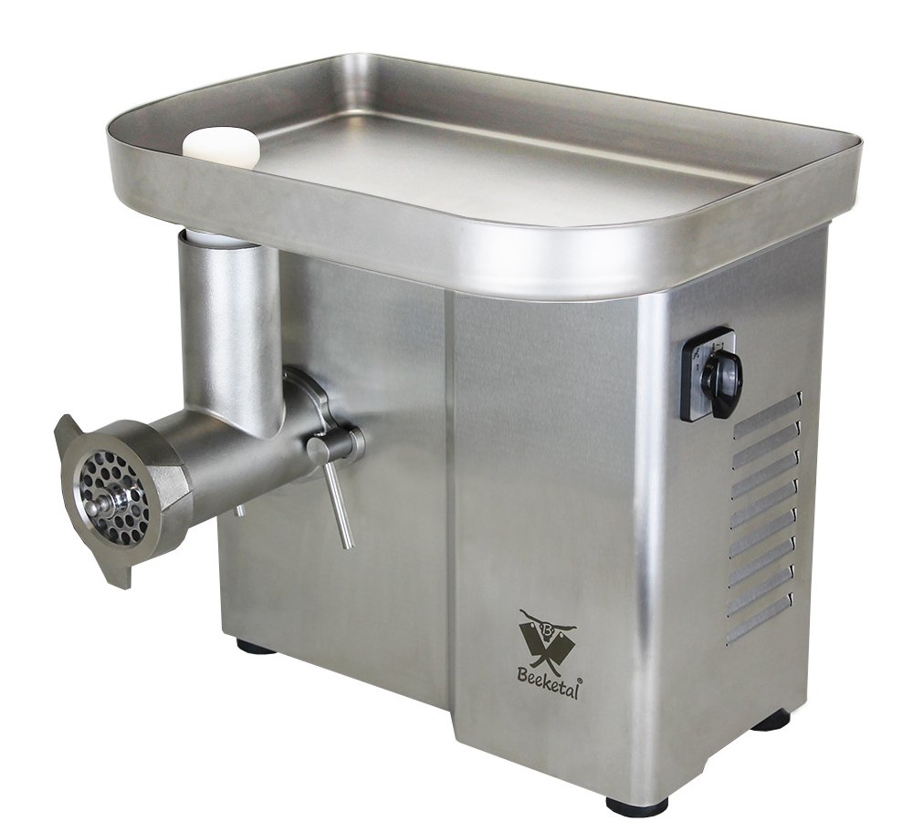 Beeketal 'FW550P' Industrie Fleischwolf für bis zu 150 kg/Std. Durchsatz, direktübersetzer 550W Motor mit ölgelagertem Getriebe und Rückwärtsgang, inkl. 2 Messer, 3 Lochscheiben, Fleischstopfer