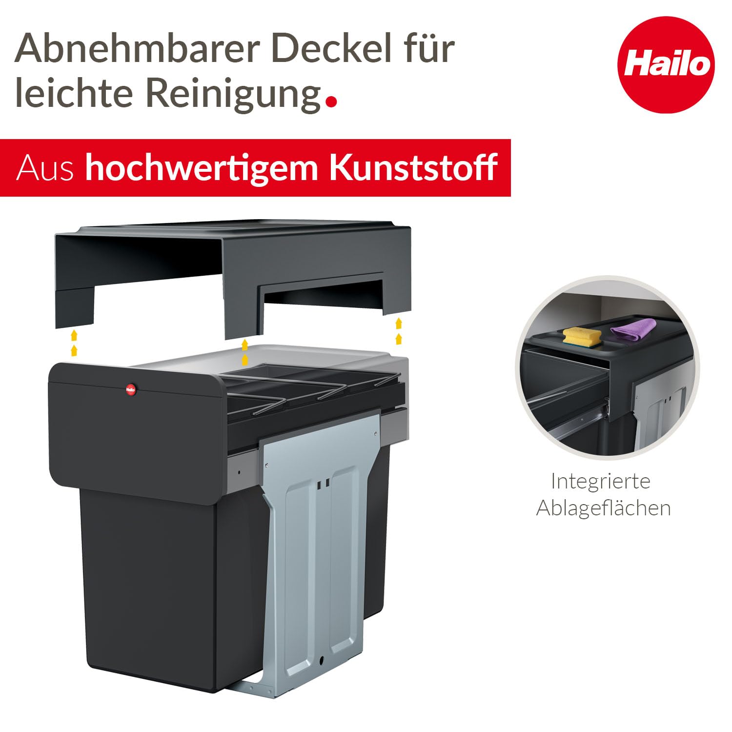 Hailo EcoLine Design Trio L Einbau-Mülltrennungs-System 3x10 Liter - Trio-Mülleimer mit Vollauszug - Stahlblech - schwarz - ab 30 cm Schrankbreite