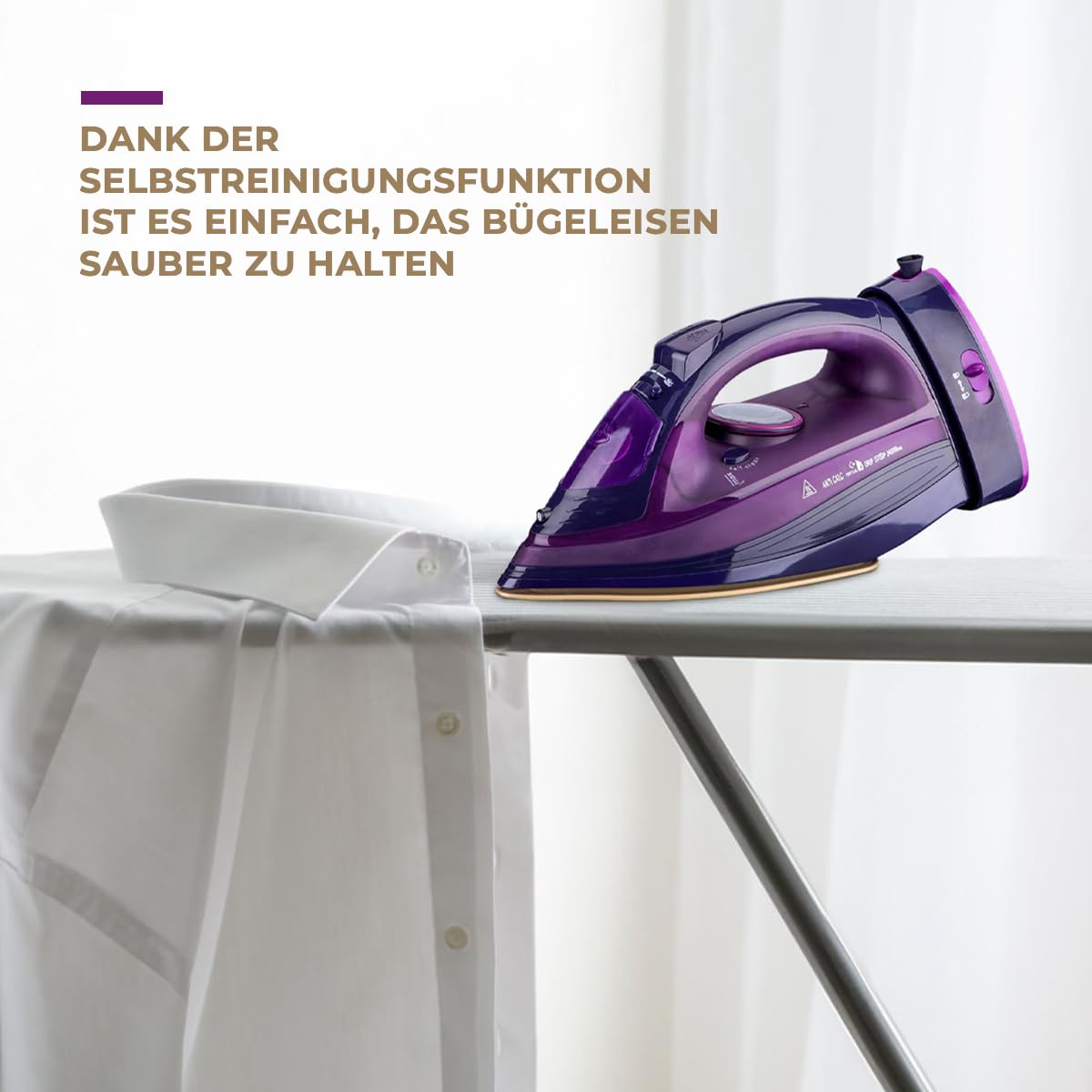 Ferro da stiro a vapore senza fili con piastra ceramica, 2400 W, viola, levigatura efficace, delicato sui tessuti, funzione antigoccia, rinfrescante