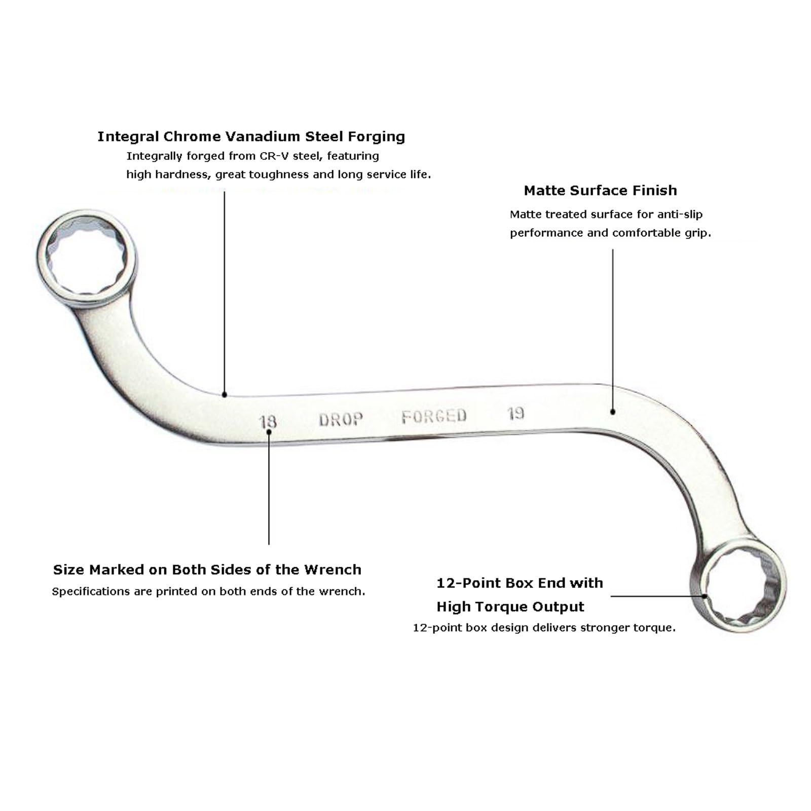 Set di Chiavi a Tubo a S 5 Pezzi, Design Semi-Circolare Irregolare, 10-19mm, Acciaio Cromo Vanadio, Finitura Opaca Antiscivolo