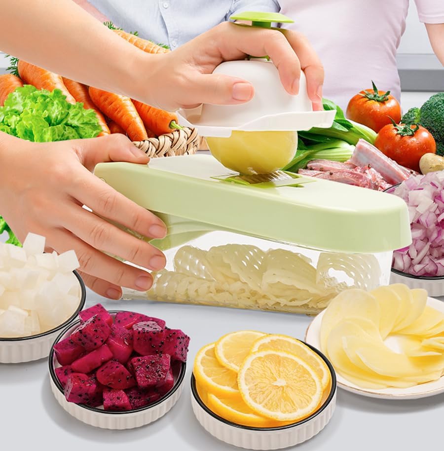 Miniatura 7 de Picador de verduras 14 en 1, multifuncional para verduras y cebollas, picadora de alimentos con contenedor, cortador de verduras, mandolina,