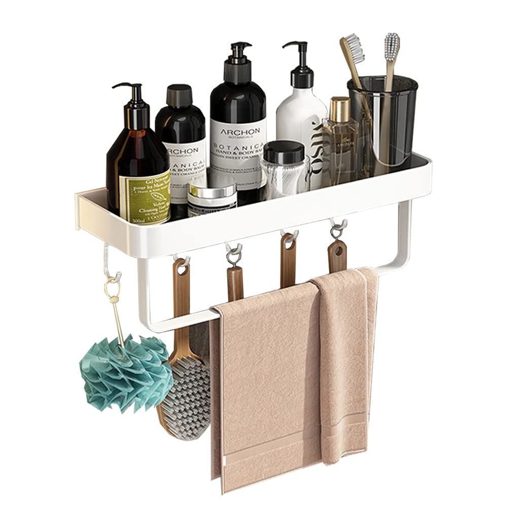 Biutimarden Estantería de Ducha Blanco Multifuncional Sin Taladrar con Desmontable Toallero y 5 Ganchos Aluminio Montado Accesorios Baño Para la Cocina o Baño(40CM Blanco)
