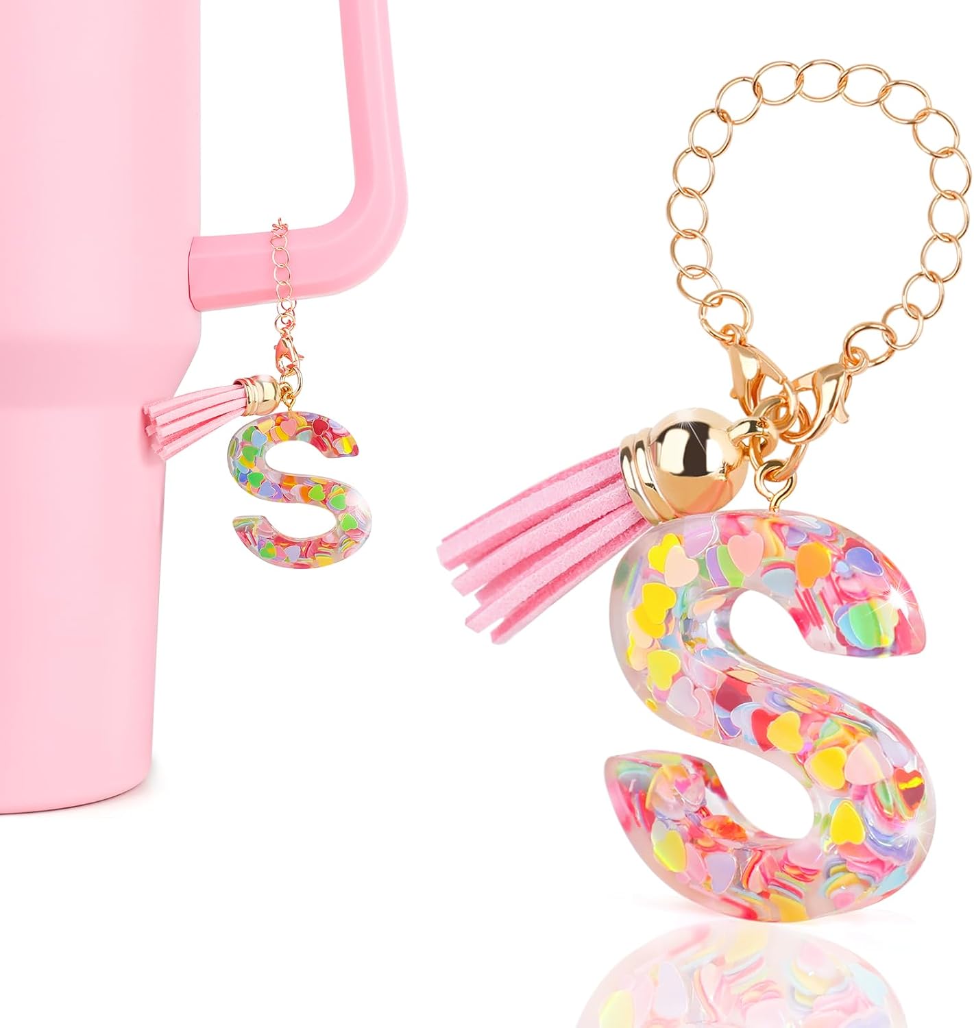 Letter Charms for Stanley Cup Accessories, Cute Initial Pink Keychain Handle Charm for Stanley Tumbler for Women