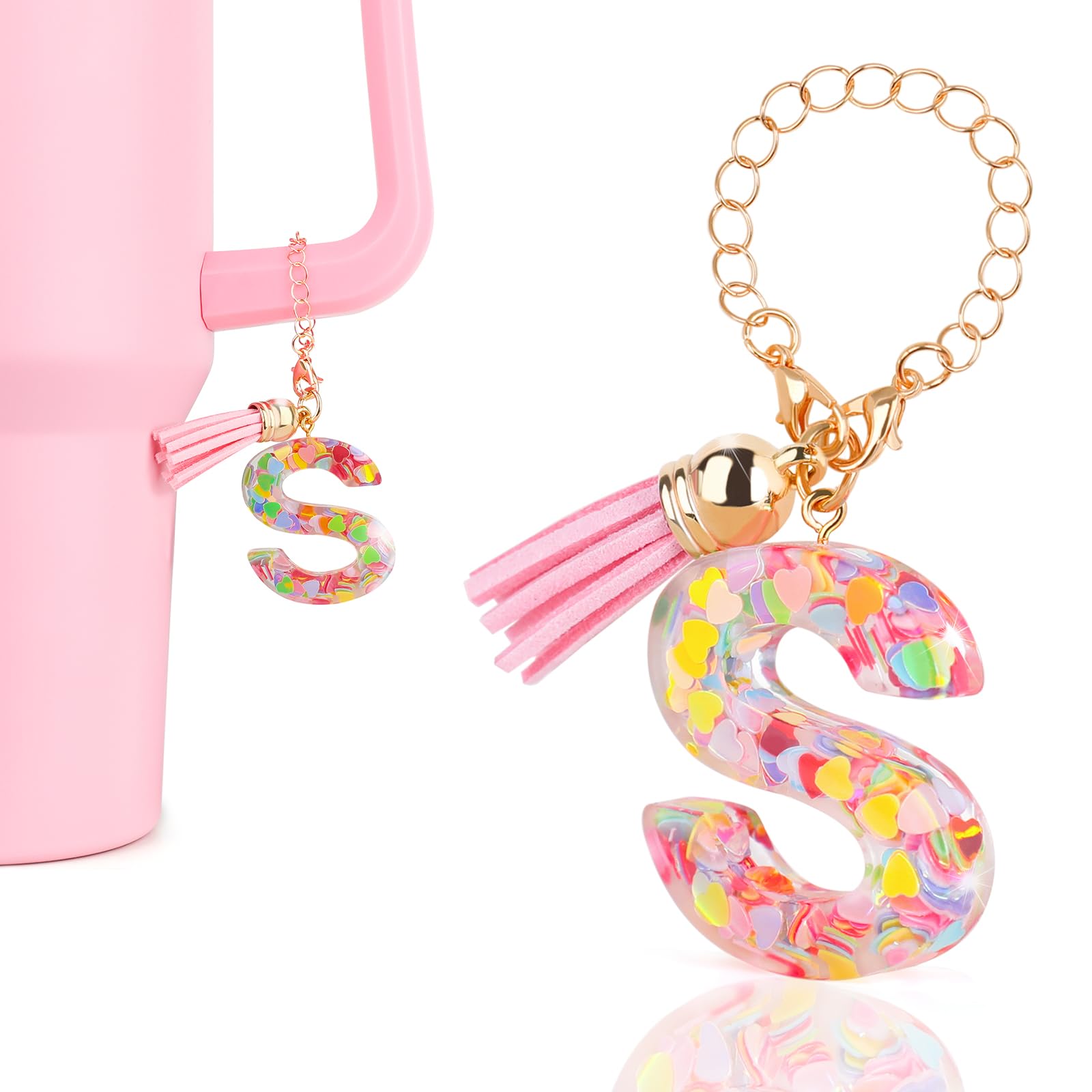DECZHIYU Letter Charms for Stanley Cup Accessories, Cute Initial Pink Keychain Handle Charm for Stanley Tumbler for Women