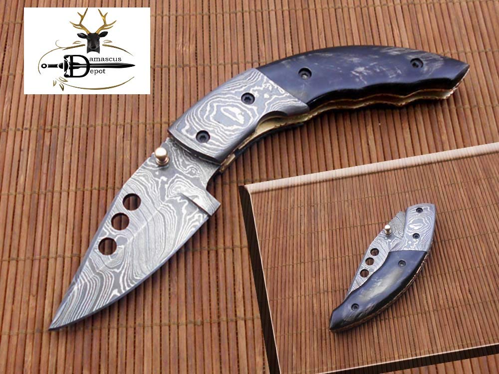 Damascus Steel 7" Long Folding Knife Rose Wood with Damascus Bolster Scale, Custom Made 3" Hand Forged Blade Cow Hide Leather Sheath (Bull Horn)