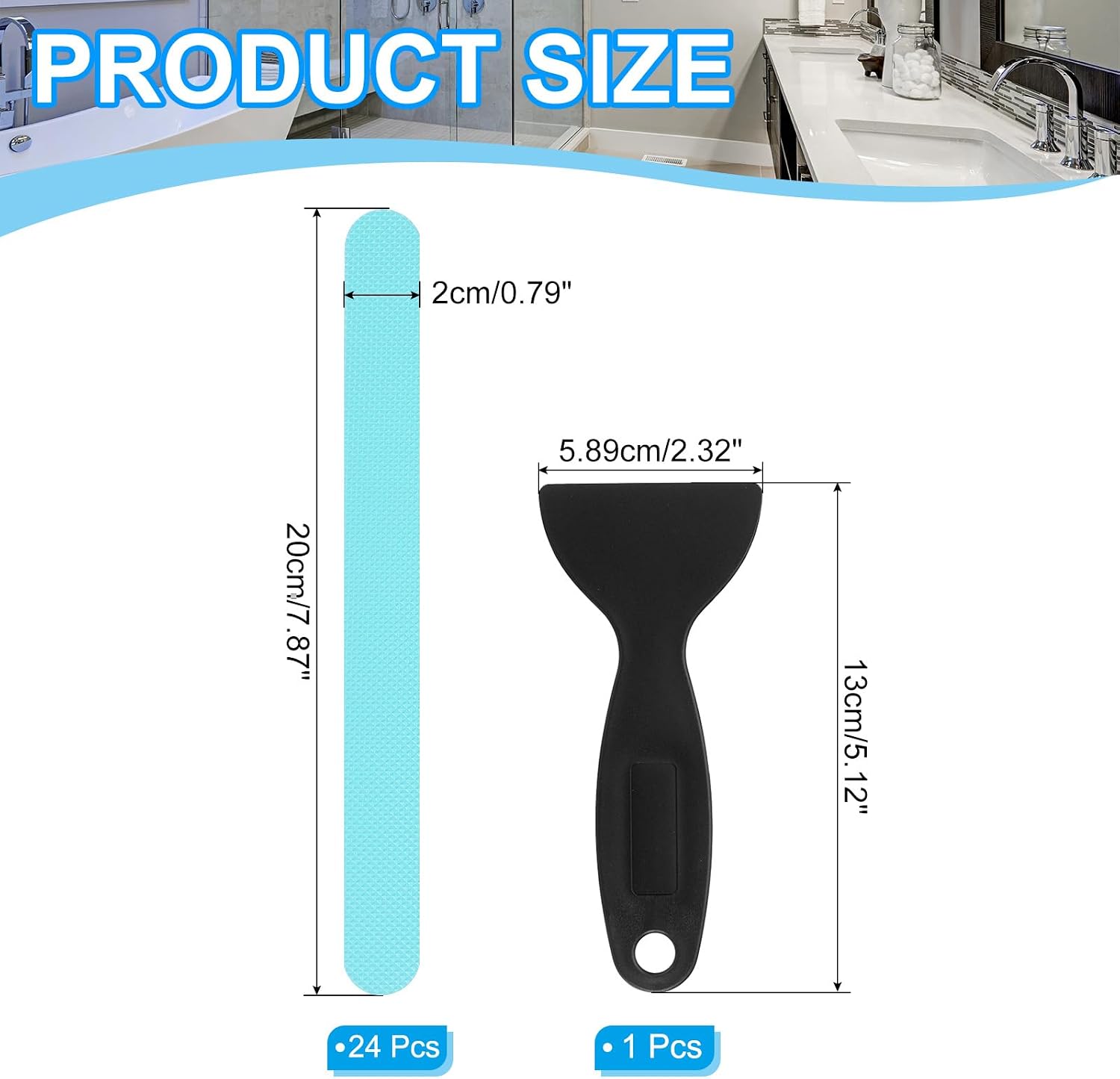 PATIKIL Bathtub Non Slip Stickers 7.87x0.79 Inch, 24 Pack Safety Shower Floor Anti Slip Stickers with Adhesive Decals Scraper for Bath Tub Shower Floor Stair, Blue