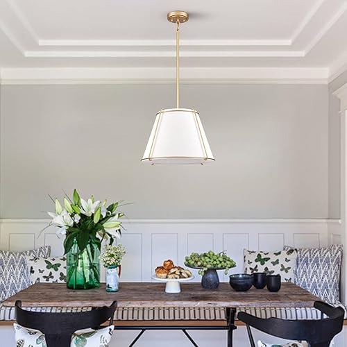 Miniatura 5 de Lámpara colgante de cono con pantalla de tambor de tela de linterna de metal, candelabros blancos y dorados de 16 pulgadas para cocina, comedor,