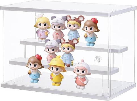 Ecoseao Acrylic Display Case Clear Display Storage Box with Sliding Door Dustproof Protection Storage & Organizing Countertop Cube for Collectibles, Miniature Figurines White, 31.5x18x21.8cm