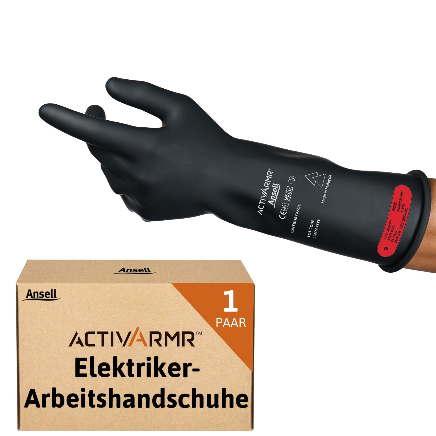 Ansell ActivArmr Elektriker-Schutzhandschuhe, Elektroschutz Klass 0 (1000V), Elektrisch Isolierende Gummihandschuhe, Professionelle Arbeitshandschuhe 36cm, Schwarz, Größe XL (1 Paar)