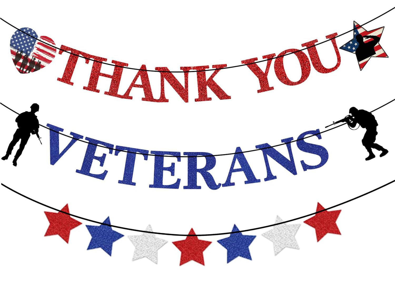 Thank You Veterans Banner Glittery Veteran Day Banner Red White Blue Star Garland Patriotic Decor Memorial Day Party Supplies 4th of July Veterans Day Party Decorations
