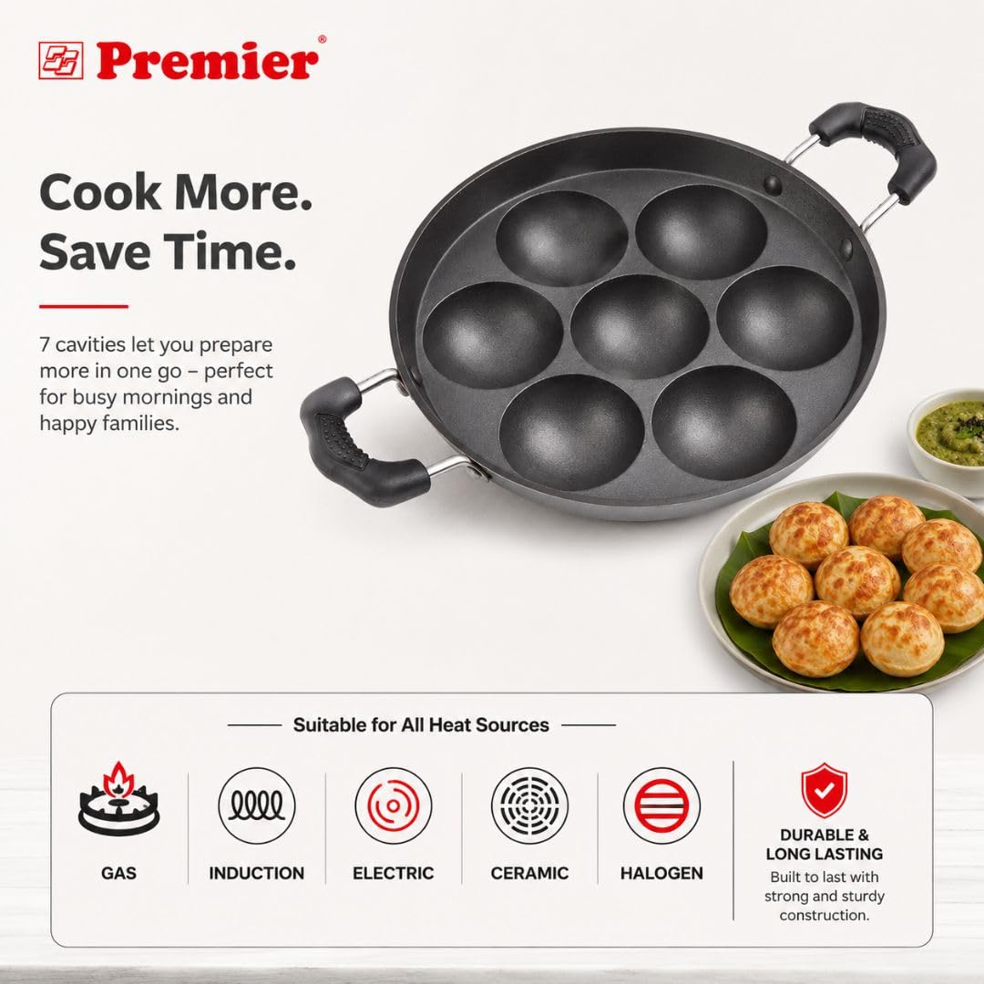 Premier Non-Stick 7 Cavity Paniyaram Pan | for Kuzhi Paniyaram, Appe, Paddu & Gunta Ponganalu | Induction Base 1