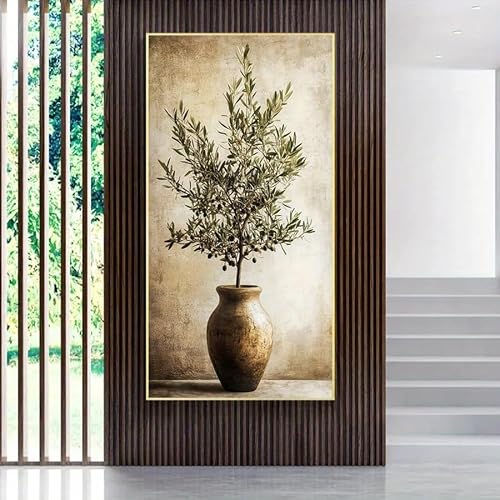 GOSRD Canvas Prints Wall Art Vintage Olive Tree in Rustic Vase Green Foliage Painting for Living Room(40X80cm/Frameless)