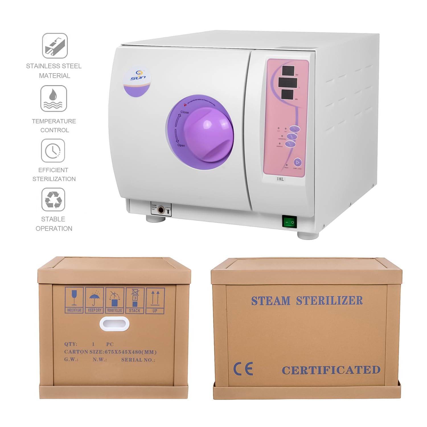 Sun Series Full-Automatic Class N Portable High Pressure 16L/18L/23L Autoclave Steam Sterilizer Benchtop Type Lab Table Top Steam Disinfector Autoclave (18L)