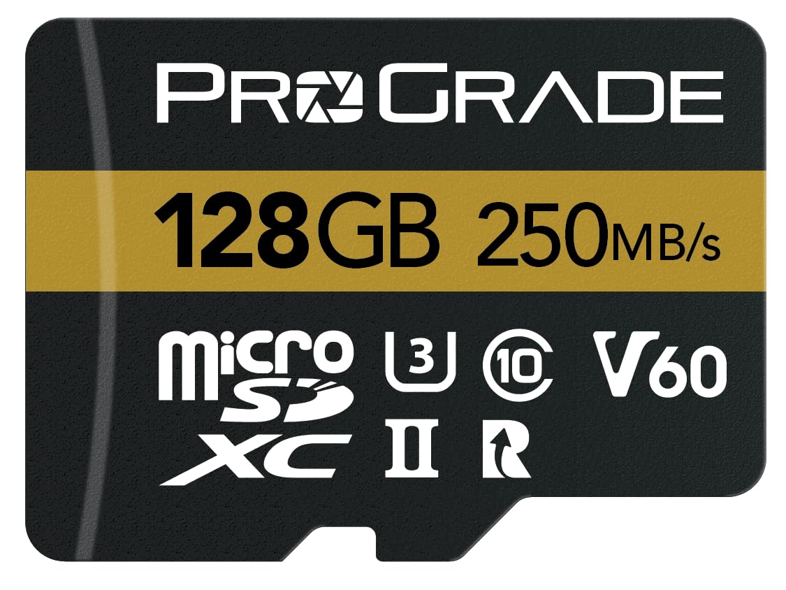 Scheda microSD V60 (128 GB), testata per dispositivi di schede SD di dimensioni intere, fino a 250 MB/s in lettura, 130 MB/s in scrittura di ProGrade Digital
