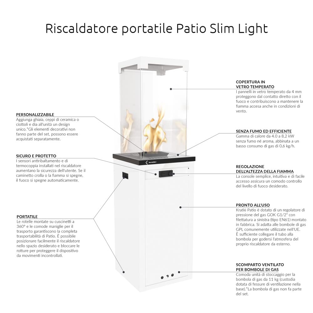 KRATKI Stufa da terrazza a gas G30/ 144,4 x 37 x 37 cm bianco Ecodesign 8,2 | Patio Light Riscaldatore a Gas Portatile 8,2 kW; Alimentato a Propano Butano G30/30mbar; Efficiente Riscaldatore per Esterni
