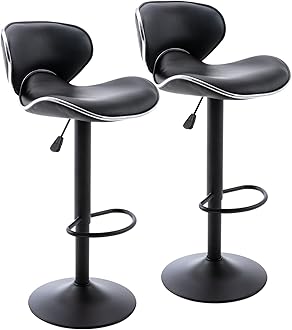 Vogue Furniture Direct PU Leather Adjustable Bar Stools, Modern Swivel Airlift Barstools with Back, Armless Counter Height Chairs for Kitchen Dining Pub Cafe Set of 2 (Black, Matte Black Base)