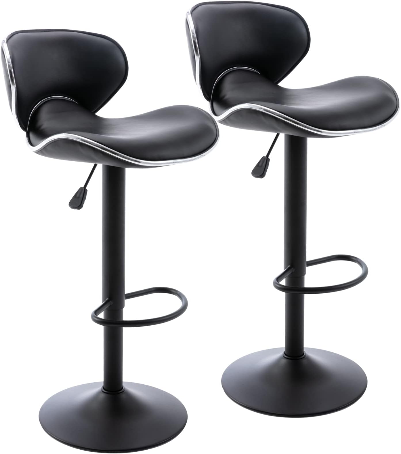 PU Leather Adjustable Bar Stools, Modern Swivel Airlift Barstools with Back, Armless Counter Height Chairs for Kitchen Dining Pub Cafe Set of 2 (Black, Matte Black Base)