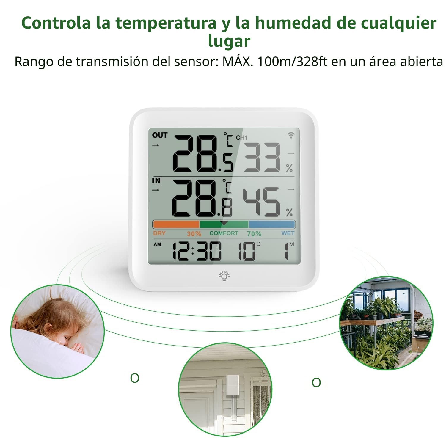 VOCOO Termómetro Higrómetro Interiores y Exteriors, digital Medidor de Humedad Temperatura estación meteorológica con 1 Sensor Inalámbrico Remoto,Interruptor ℃/℉, luz de Fondo