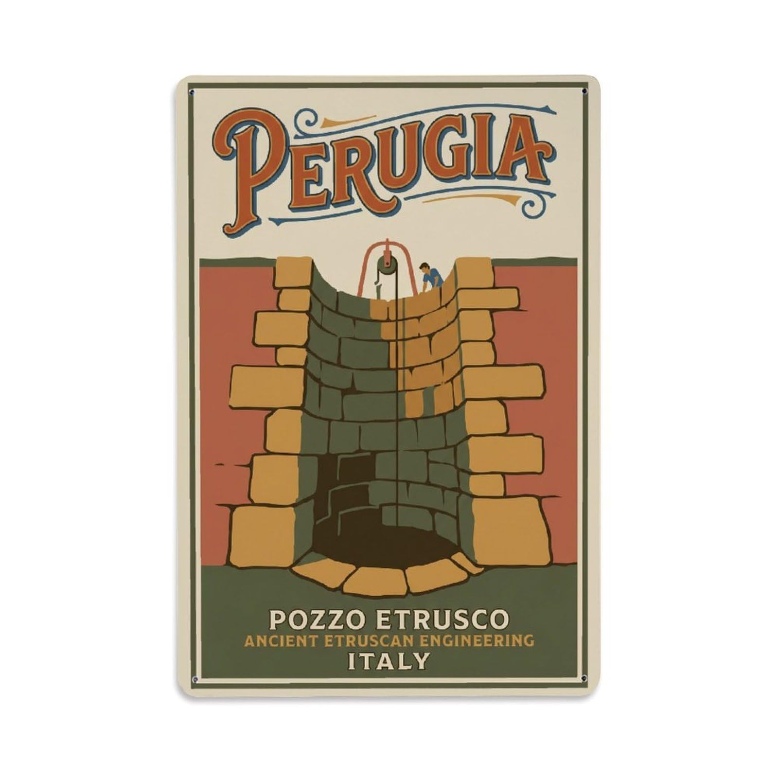 Vintage Travel Perugia Pozzo Etrusco Well Clean Italy Metal Tin Sign Plaque Wall Decor for Cafe, Club Bar, Office, Home Garden Metal Poster 8x12Inch