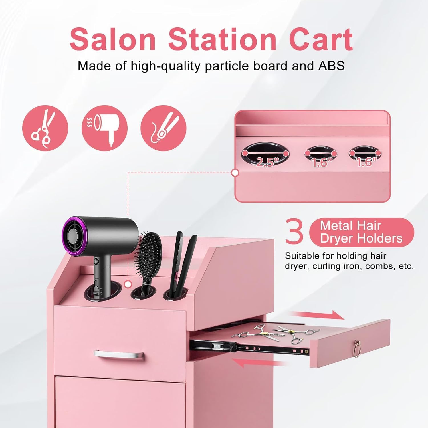 Barber Stations Salon Storage Cabinet with Drawer & Wheels Beauty Rolling Trolley Cart 3 Hair Dryer Holders,Pink