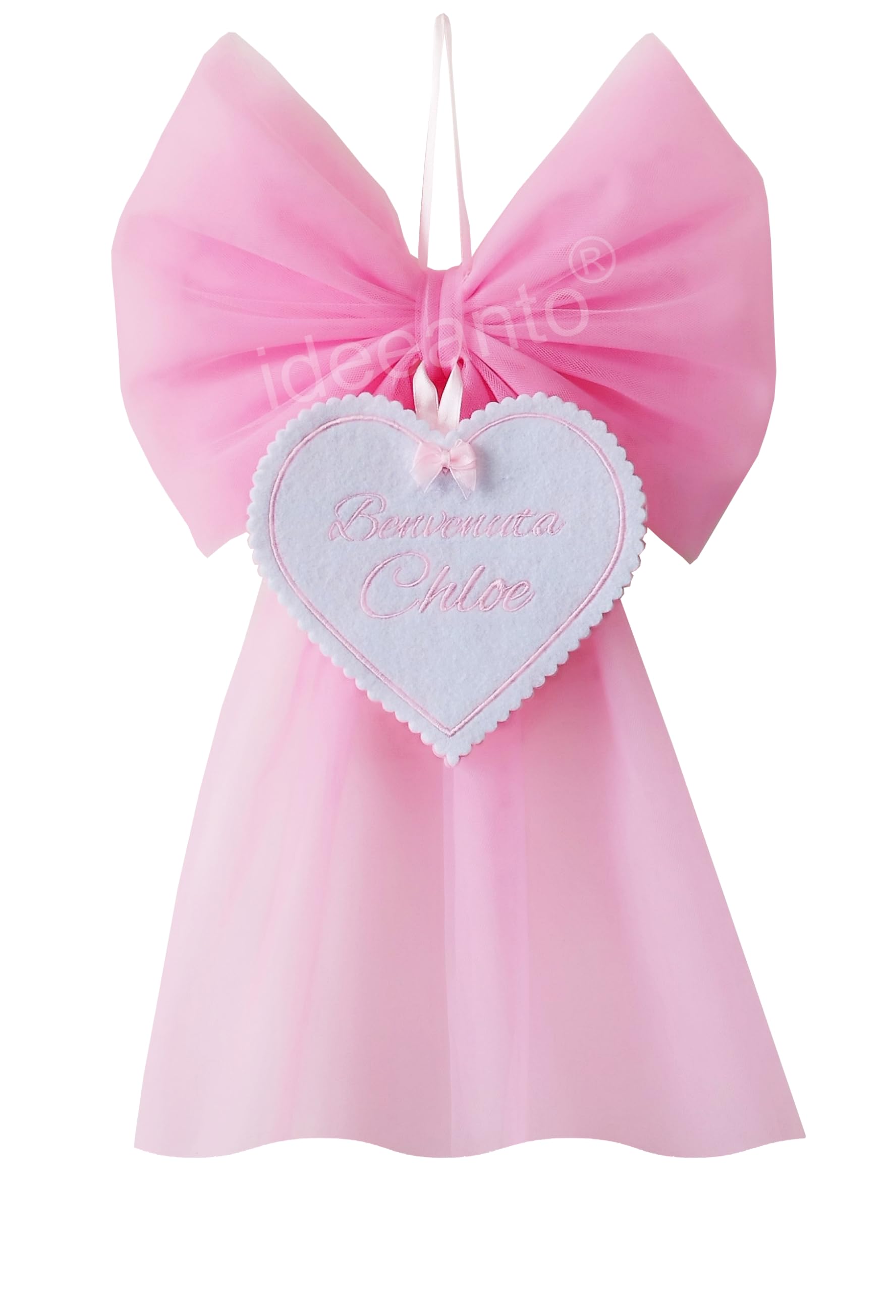 Fiocco nascita ricamato personalizzabile con nome e frase, in tulle rosa e azzurro bimbo bimba (Bimba)