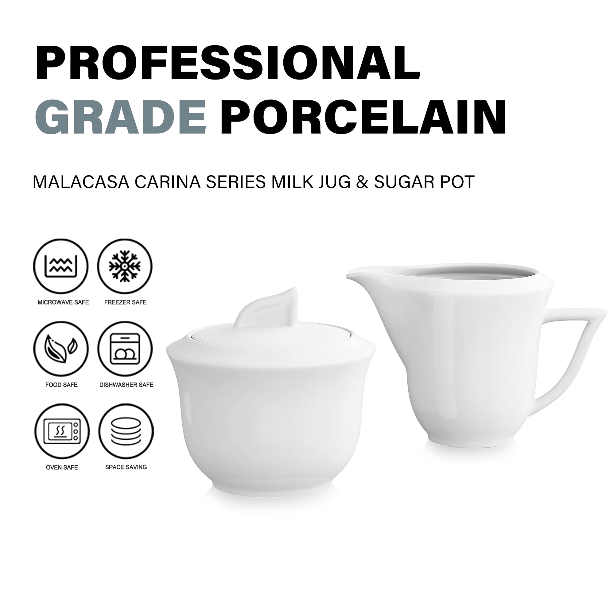 MALACASA, Serie Carina, Zuccheriera e Bricco per Latte 3 Pezzi in Porcellana, Bianco Avorio Cina Ceramica Bianca Panna Set da Tavola (2 Pezzi con Il Coperchio)