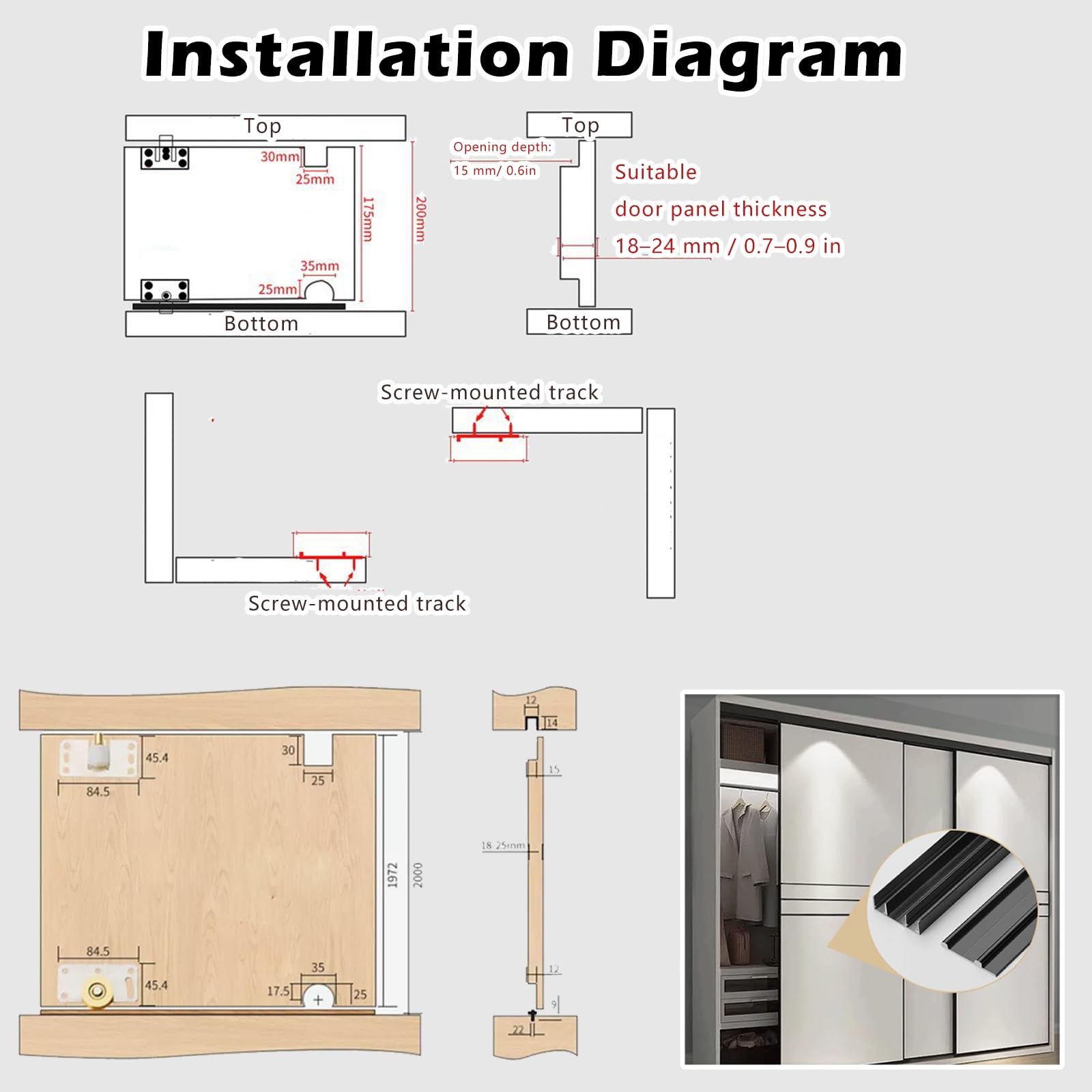 Juego de rieles de puerta corredera para armario, kit de panel de rieles dobles, kit de herrajes para puerta corredera doble, sistema de riel invisible para armario