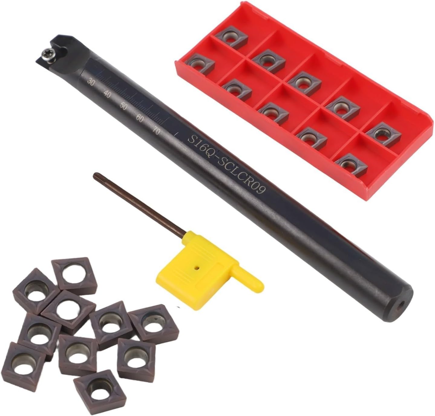Indexable Turning Tool Holder S16Q-SCLCR09, 16mm Shank, 180mm Length, Includes 10× CCMT09T304 Cemented Carbide Inserts, for Semi-Finish/Finish Machining