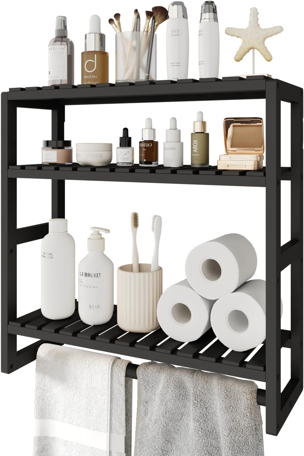 Bamworld Bathroom Shelf Storage Adjustable Bamboo shelf 3-Tiered Over Toilet Rack Bathroom Organizer for Space-Saving Wall Mount Stand Used in the Living Room (Black)